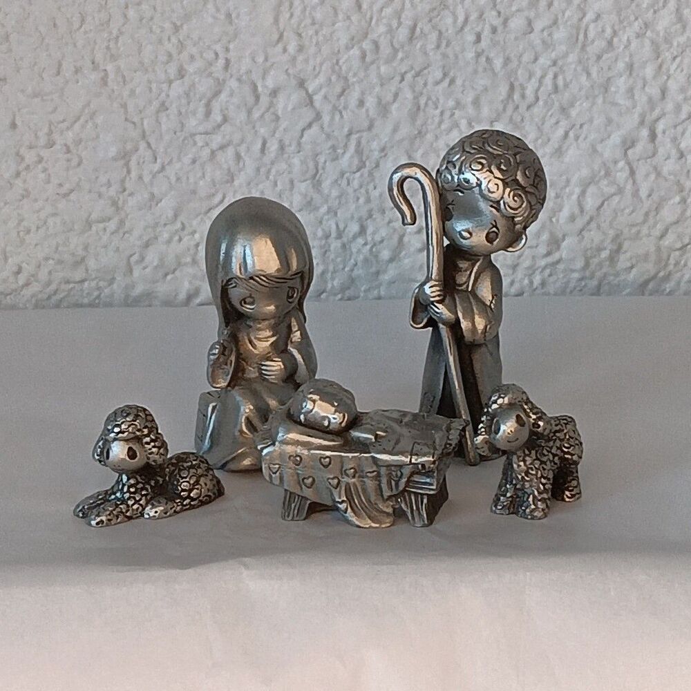Enesco Precious Moments Pewter Nativity Set Mary Joseph Jesus Mini Figurines